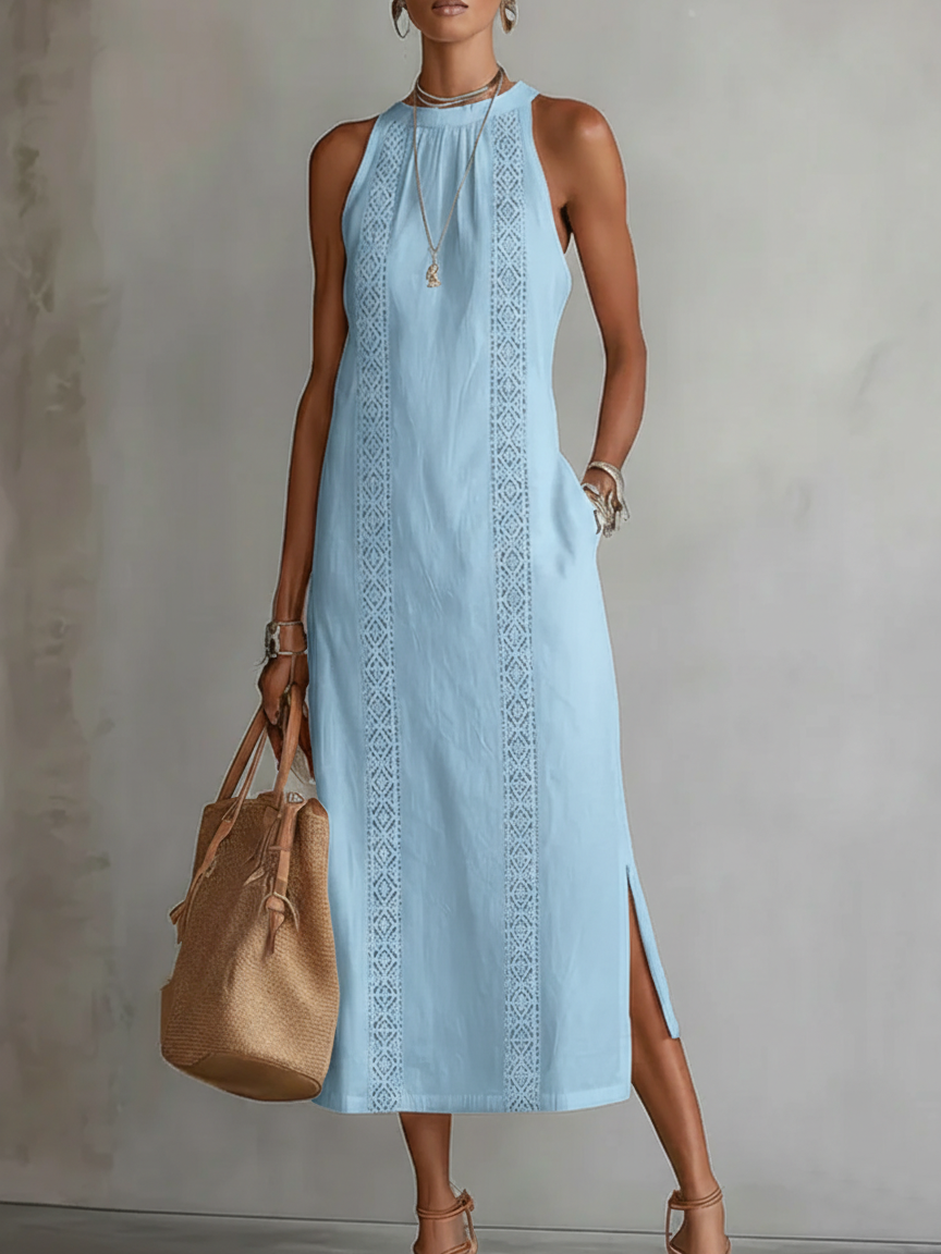 Women's Halter Neck Midi Dress Sleeveless Lace Trim Side Split Casual Beach