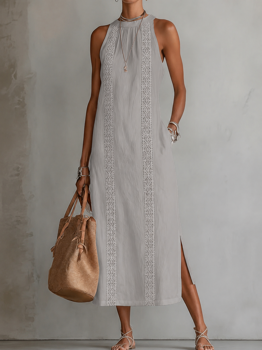 Women's Halter Neck Midi Dress Sleeveless Lace Trim Side Split Casual Beach