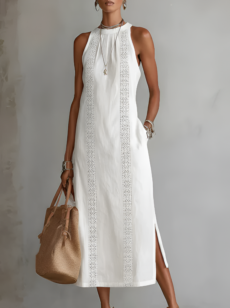 Women's Halter Neck Midi Dress Sleeveless Lace Trim Side Split Casual Beach