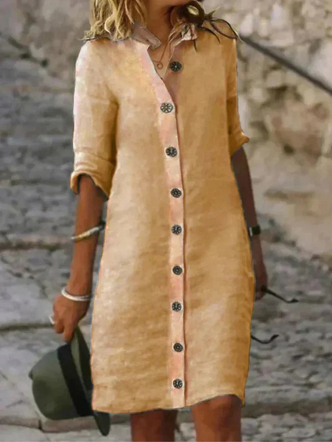 Women's Button-Down Shirt Dress Collared Linen Casual