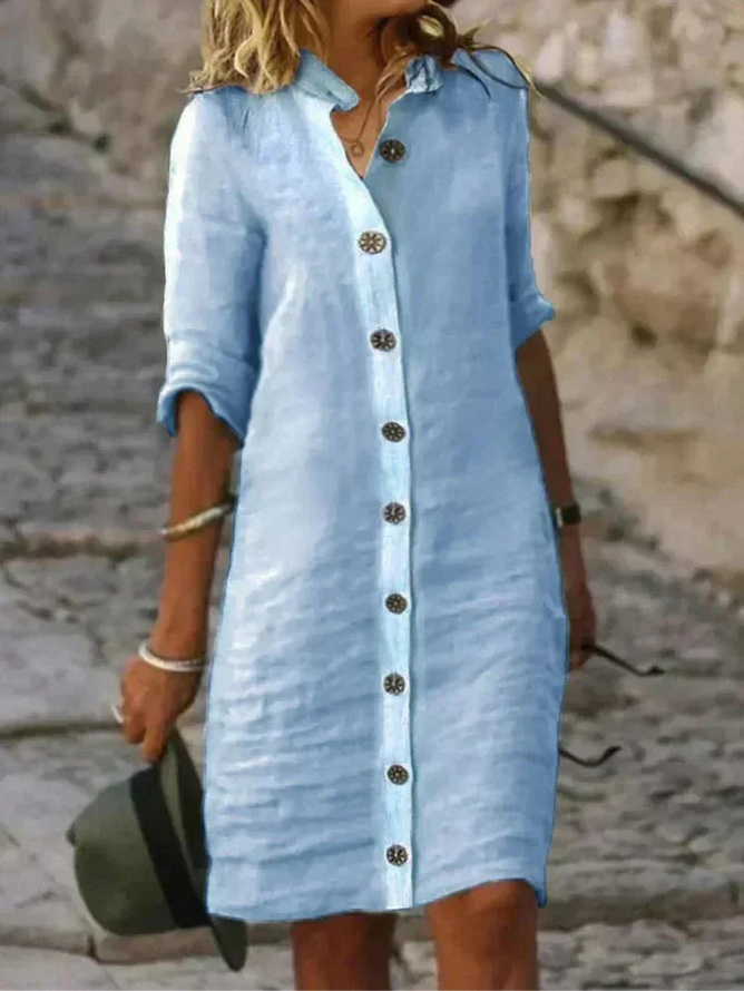 Women's Button-Down Shirt Dress Collared Linen Casual