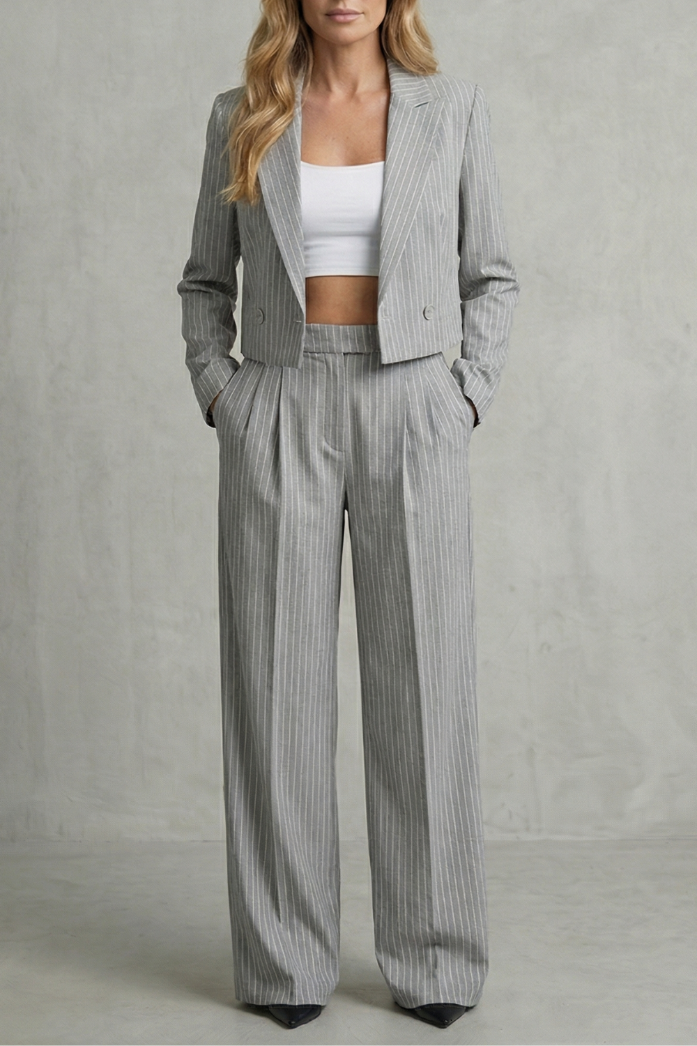 Women's Pinstripe 2 Piece Suit Set – Cropped Blazer Wide Leg Pants