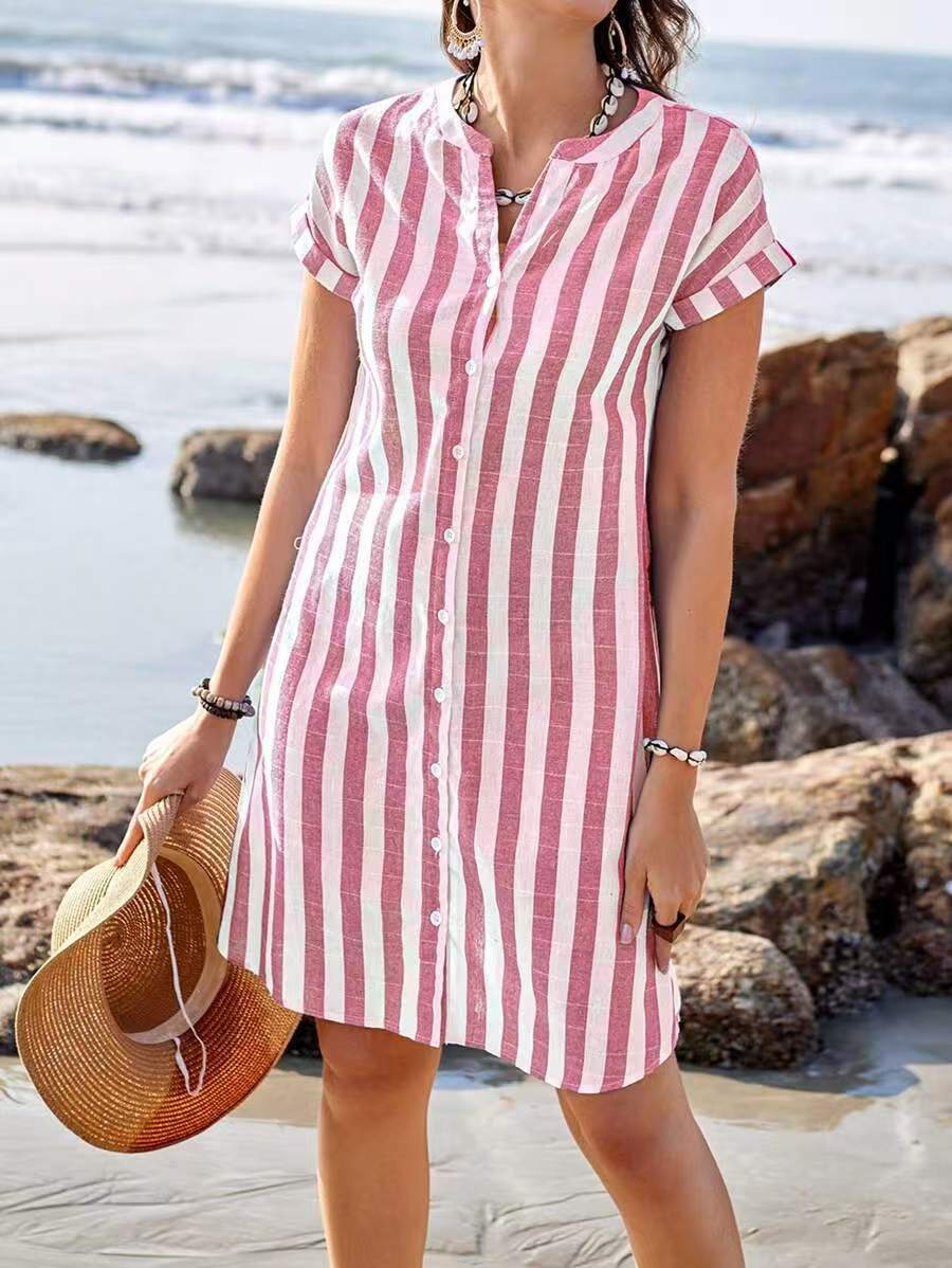 Women's Striped Shirt Dress Button-Up Short Sleeve Linen Casual Beach