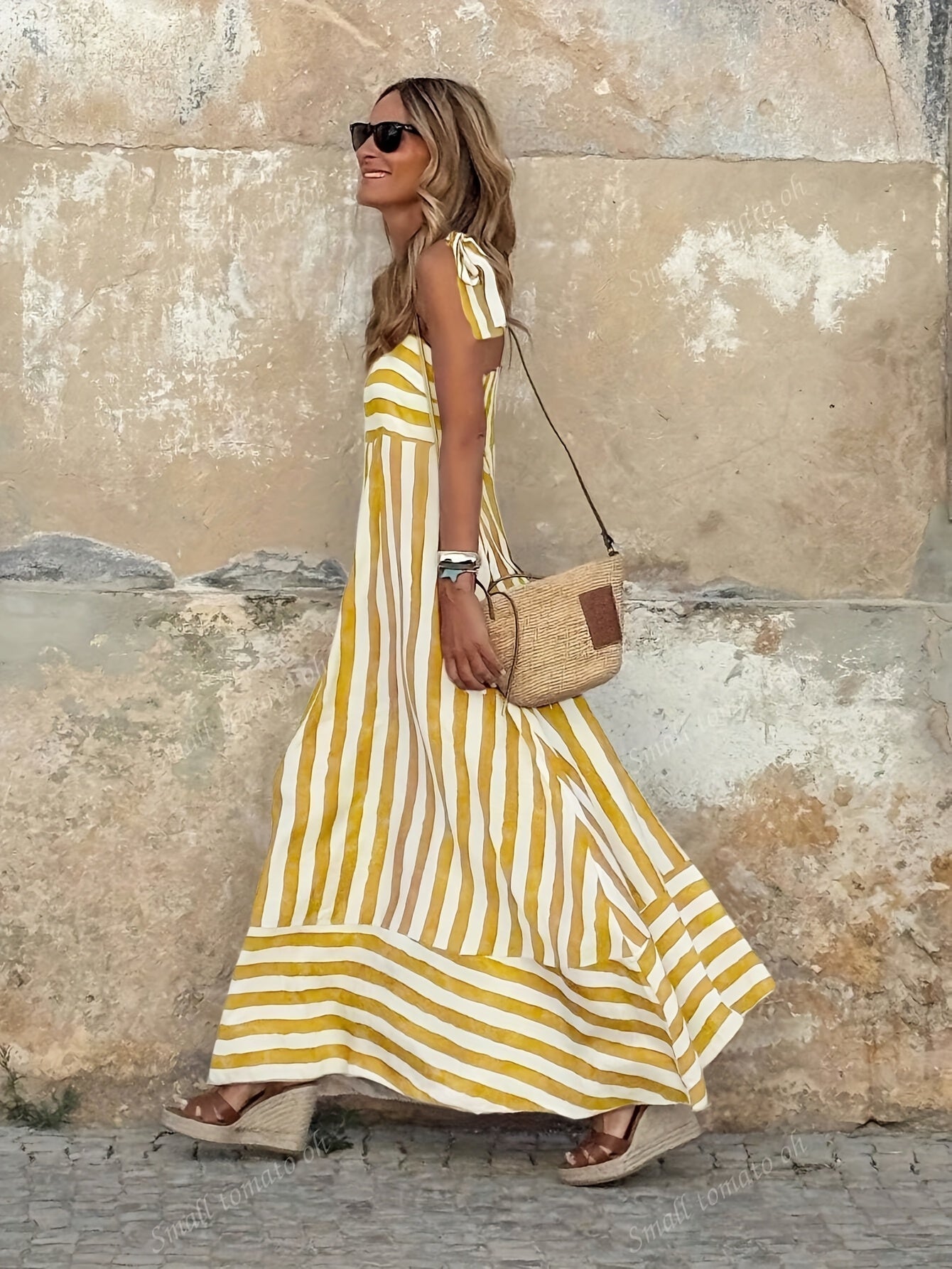 Women's Striped Maxi Dress Tie Spaghetti Strap Full Skirt Beach Sundress
