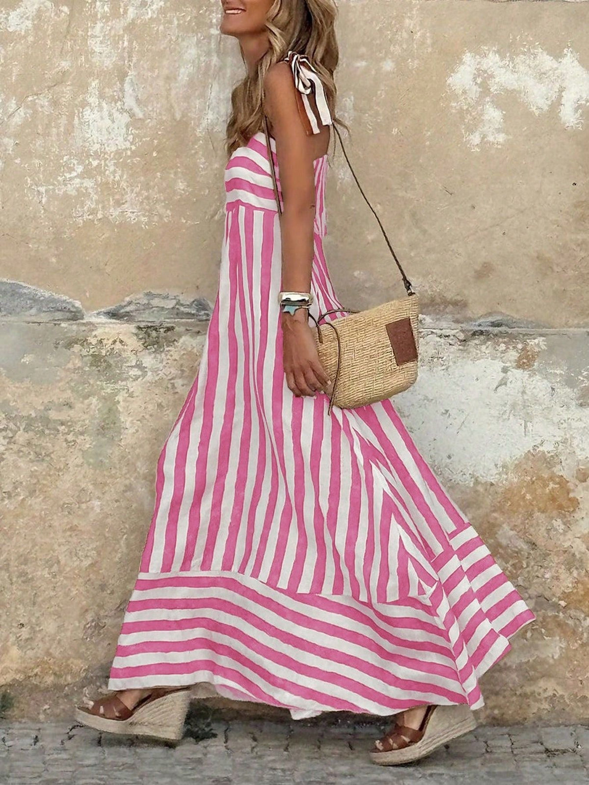 Women's Striped Maxi Dress Tie Spaghetti Strap Full Skirt Beach Sundress