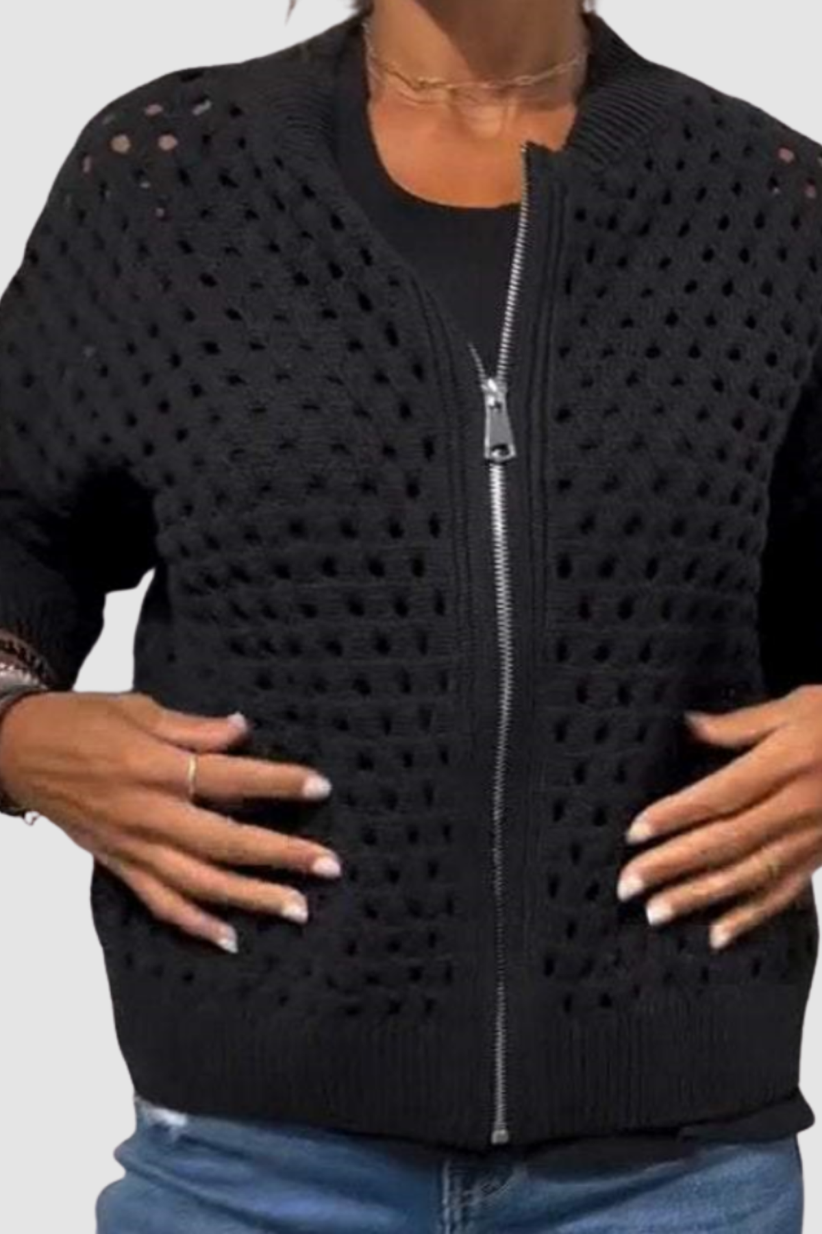 Women's Open Knit Zip-Up Cardigan Long Sleeve Crochet Bomber Sweater Casual