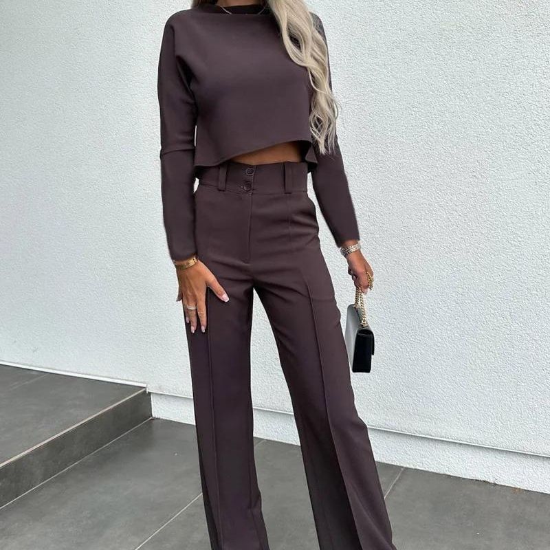 Women's 2 Piece Crop Top and Wide Leg Trousers Set Half Sleeve Casual