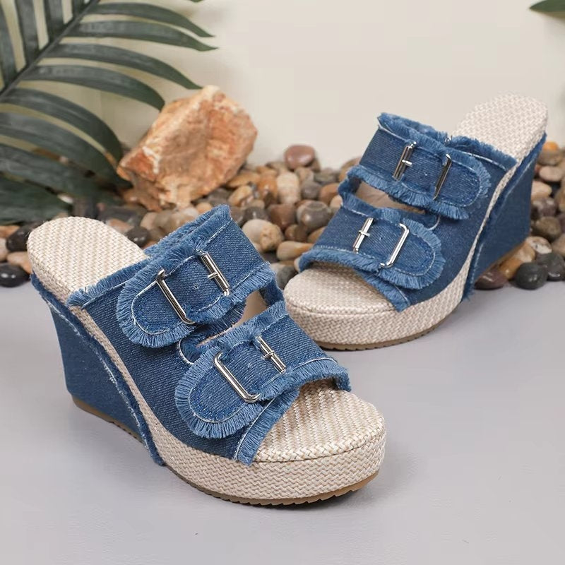 Women's Denim Wedge Slides Frayed Double Buckle Platform Espadrille Sandals