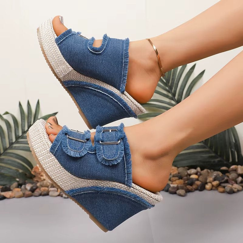 Women's Denim Wedge Slides Frayed Double Buckle Platform Espadrille Sandals
