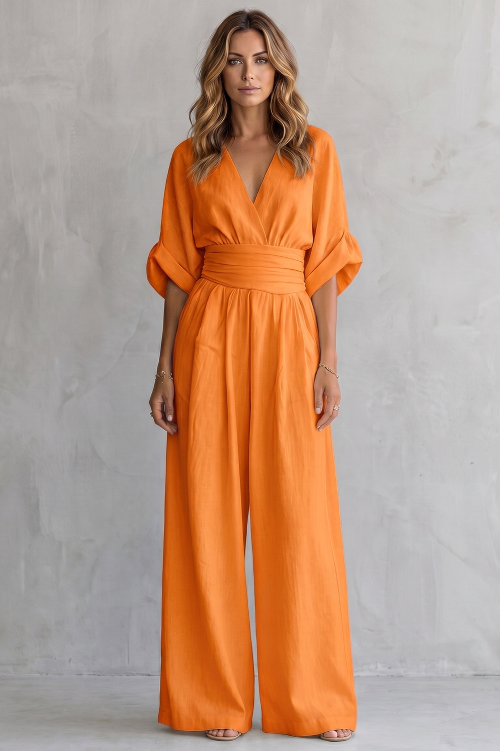 Women's Wide-Leg Jumpsuit V-Neck Draped Waist Belted Short Sleeve Casual
