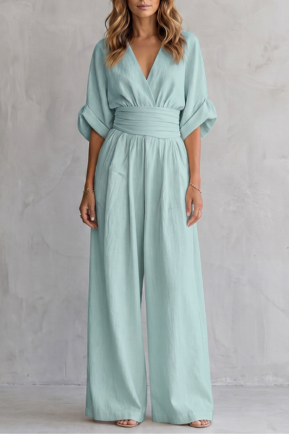 Women's Wide-Leg Jumpsuit V-Neck Draped Waist Belted Kimono Sleeve Casual