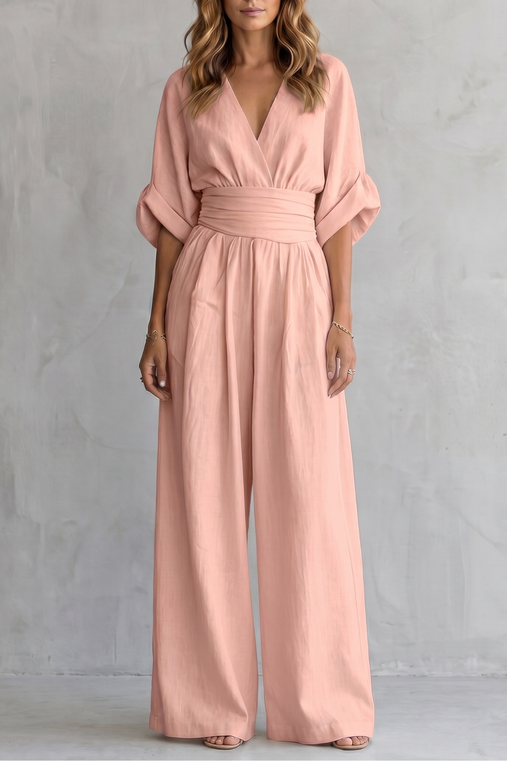 Women's Wide-Leg Jumpsuit V-Neck Draped Waist Belted Kimono Sleeve Casual