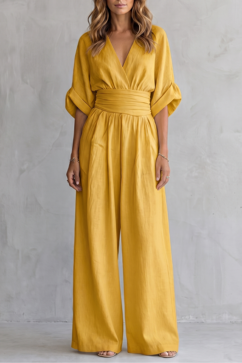 Women's Wide-Leg Jumpsuit V-Neck Draped Waist Belted Kimono Sleeve Casual