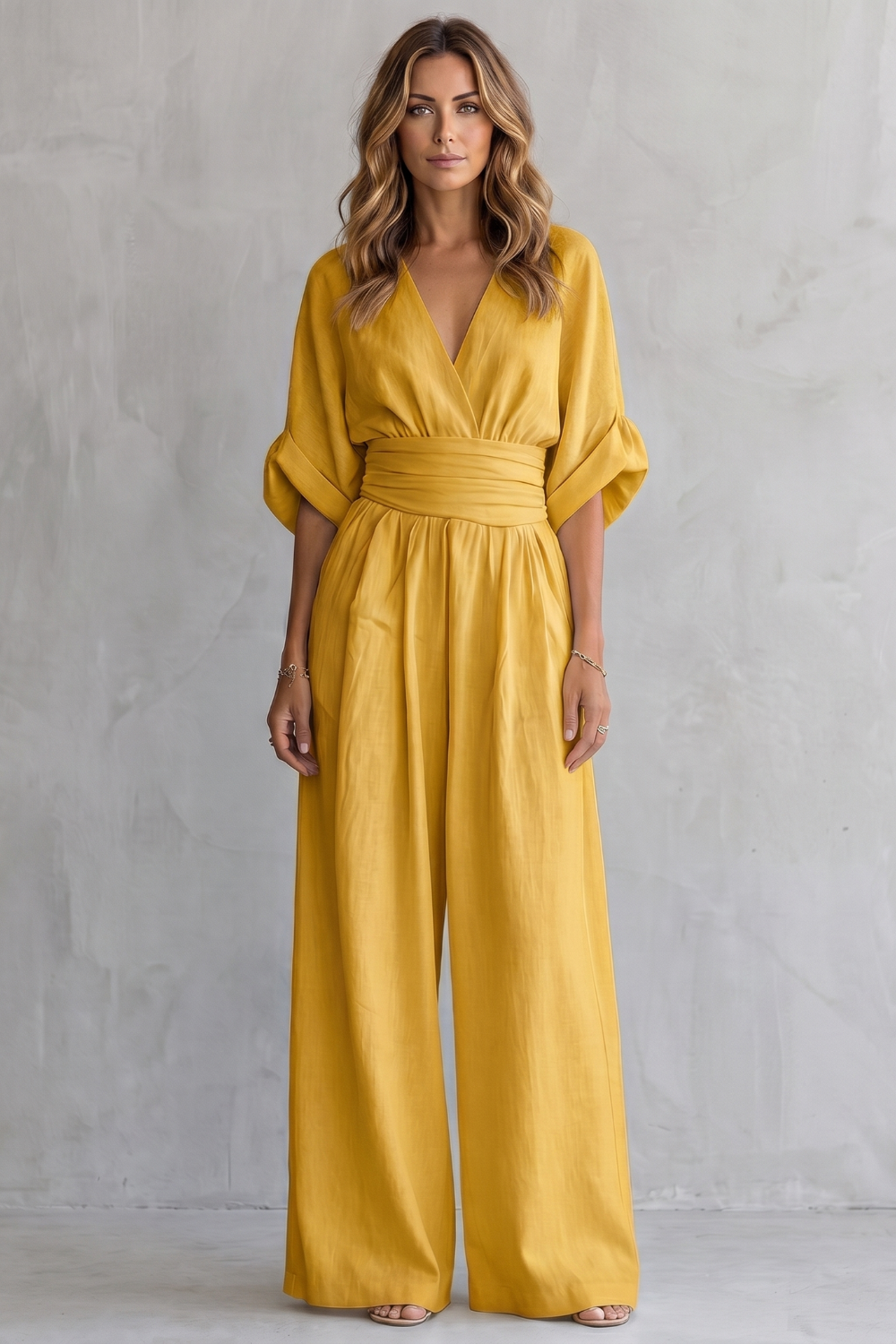 Women's Wide-Leg Jumpsuit V-Neck Draped Waist Belted Kimono Sleeve Casual