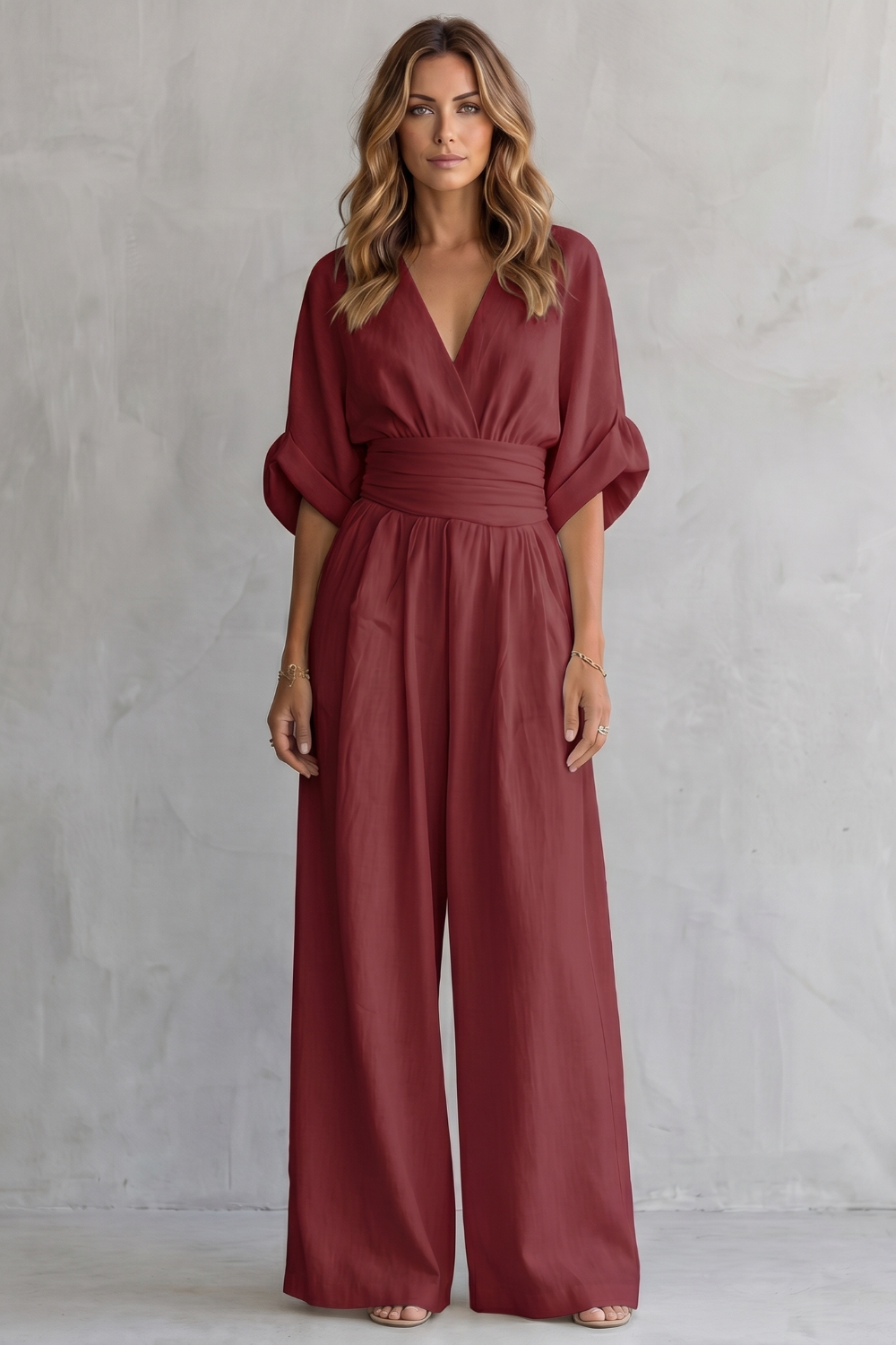 Women's Wide-Leg Jumpsuit V-Neck Draped Waist Belted Kimono Sleeve Casual