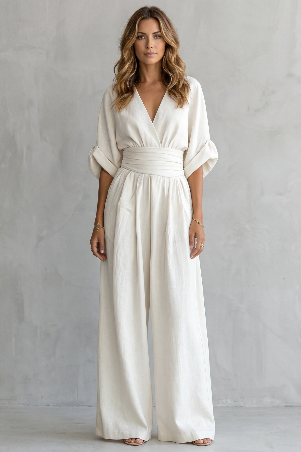 Women's Wide-Leg Jumpsuit V-Neck Draped Waist Belted Short Sleeve Casual