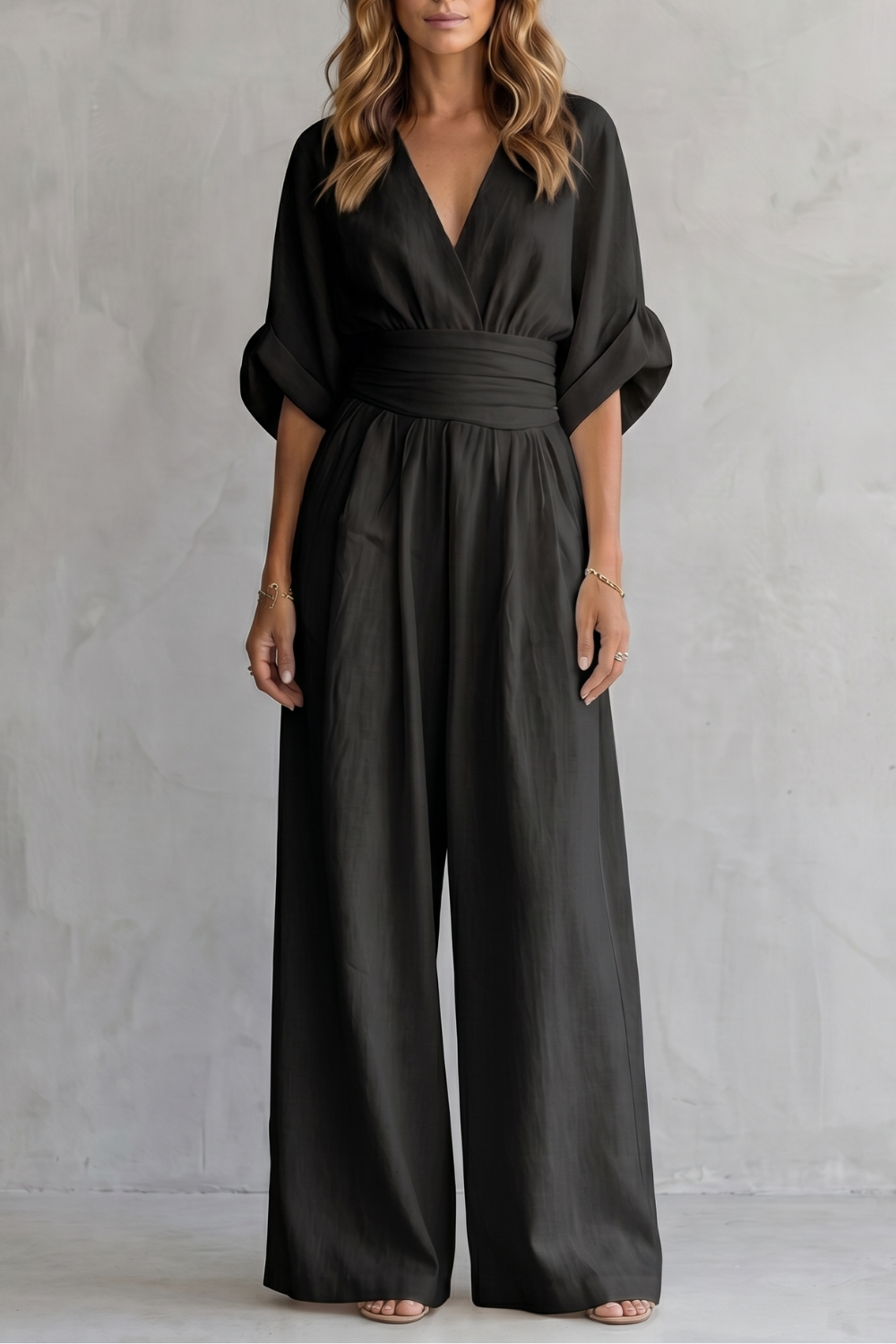 Women's Wide-Leg Jumpsuit V-Neck Draped Waist Belted Short Sleeve Casual