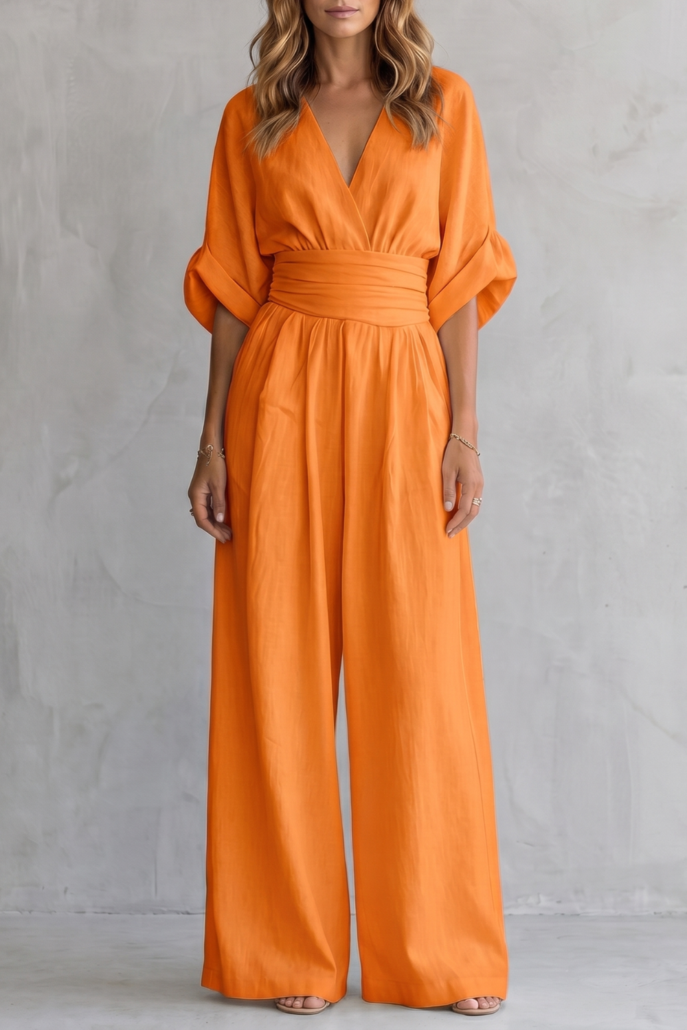 Women's Wide-Leg Jumpsuit V-Neck Draped Waist Belted Kimono Sleeve Casual