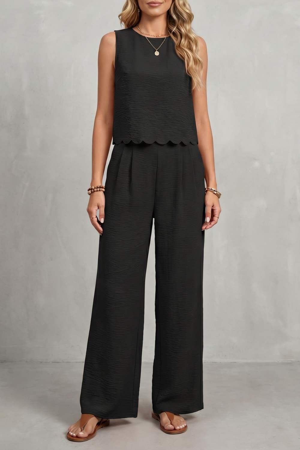 Women's Sleeveless Two Piece Set Scalloped Top Wide Leg Pants Open Back Bow
