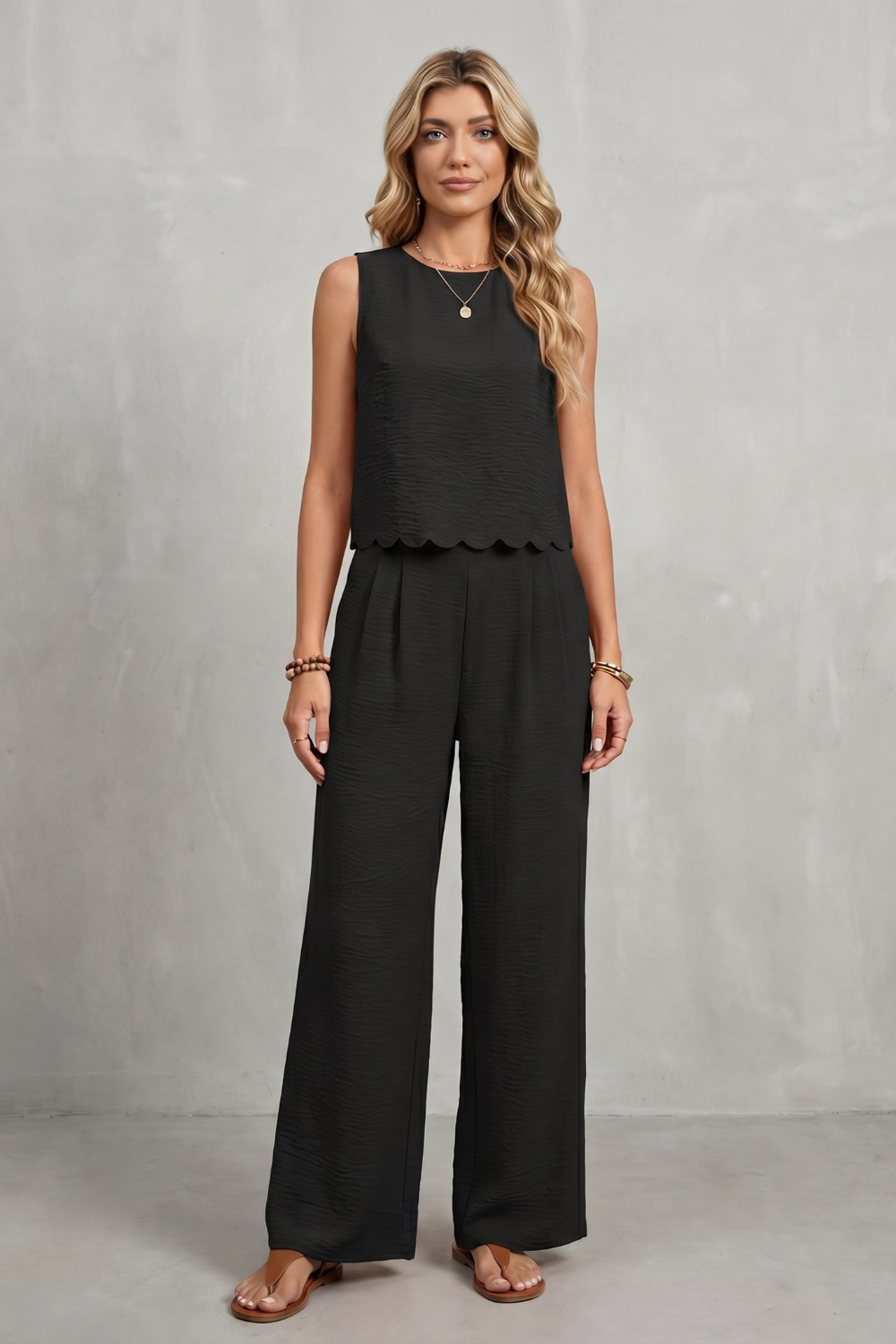 Women's Sleeveless Two Piece Set Scalloped Top Wide Leg Pants Open Back Bow