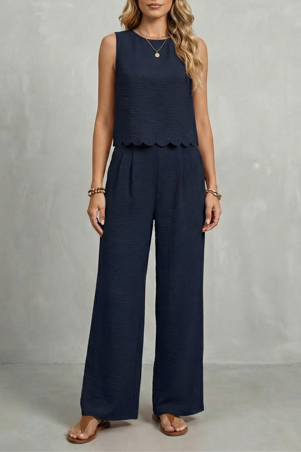 Women's Sleeveless Two Piece Set Scalloped Top Wide Leg Pants Open Back Bow
