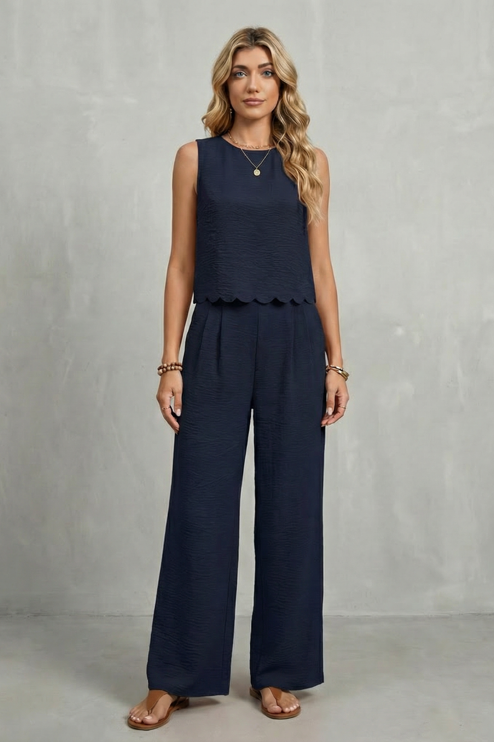 Women's Sleeveless Two Piece Set Scalloped Top Wide Leg Pants Open Back Bow