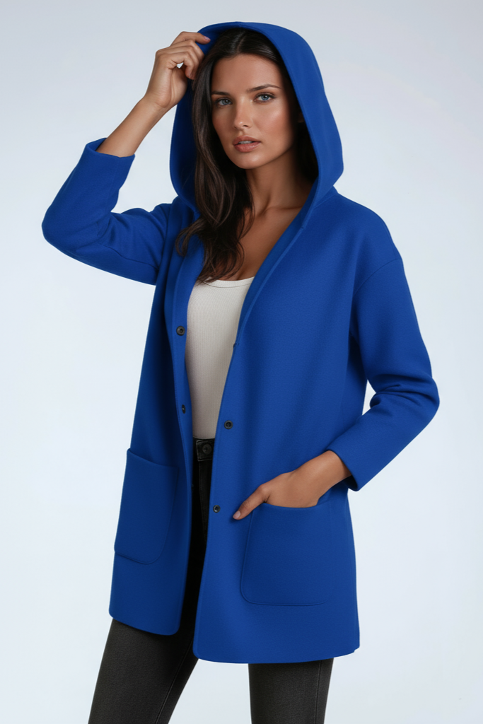 Women's Hooded Coat Wool Blend Mid Length Button Front Jacket