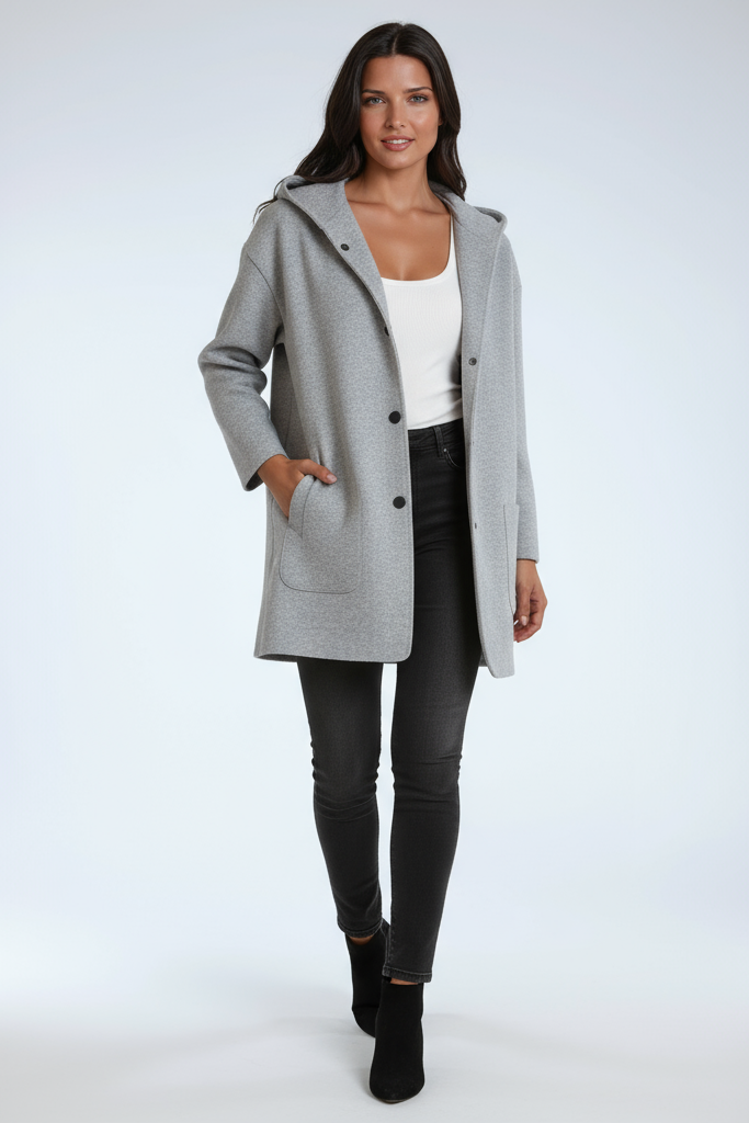 Women's Hooded Coat Wool Blend Mid Length Button Front Jacket