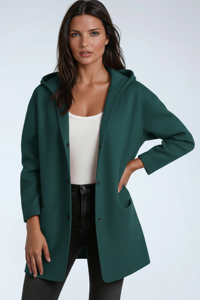 Women's Hooded Coat Wool Blend Mid Length Button Front Jacket