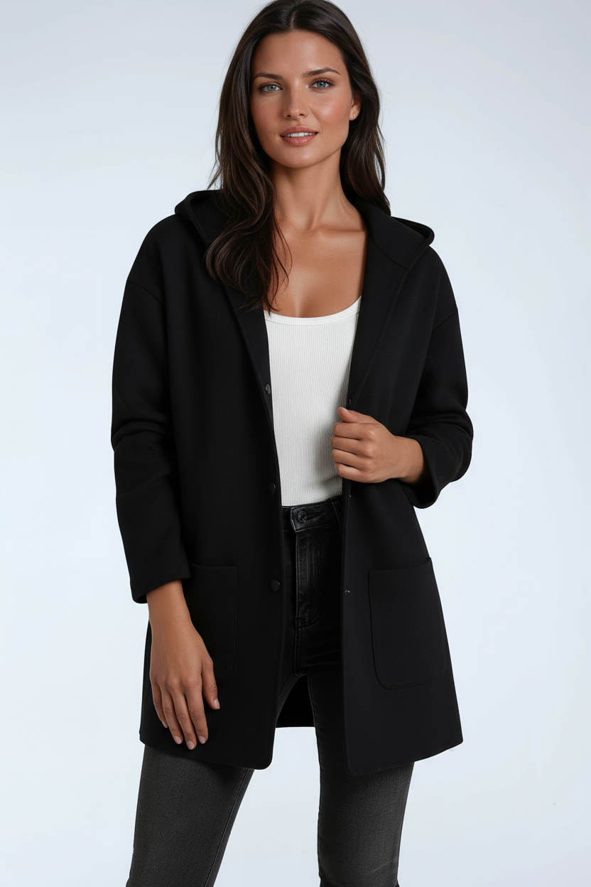Women's Hooded Coat Wool Blend Mid Length Button Front Jacket