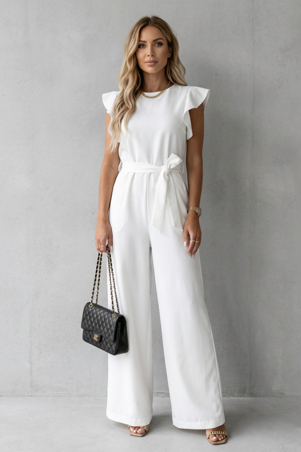 Women's Wide-Leg Jumpsuit Ruffle Sleeve Belted Round Neck Casual