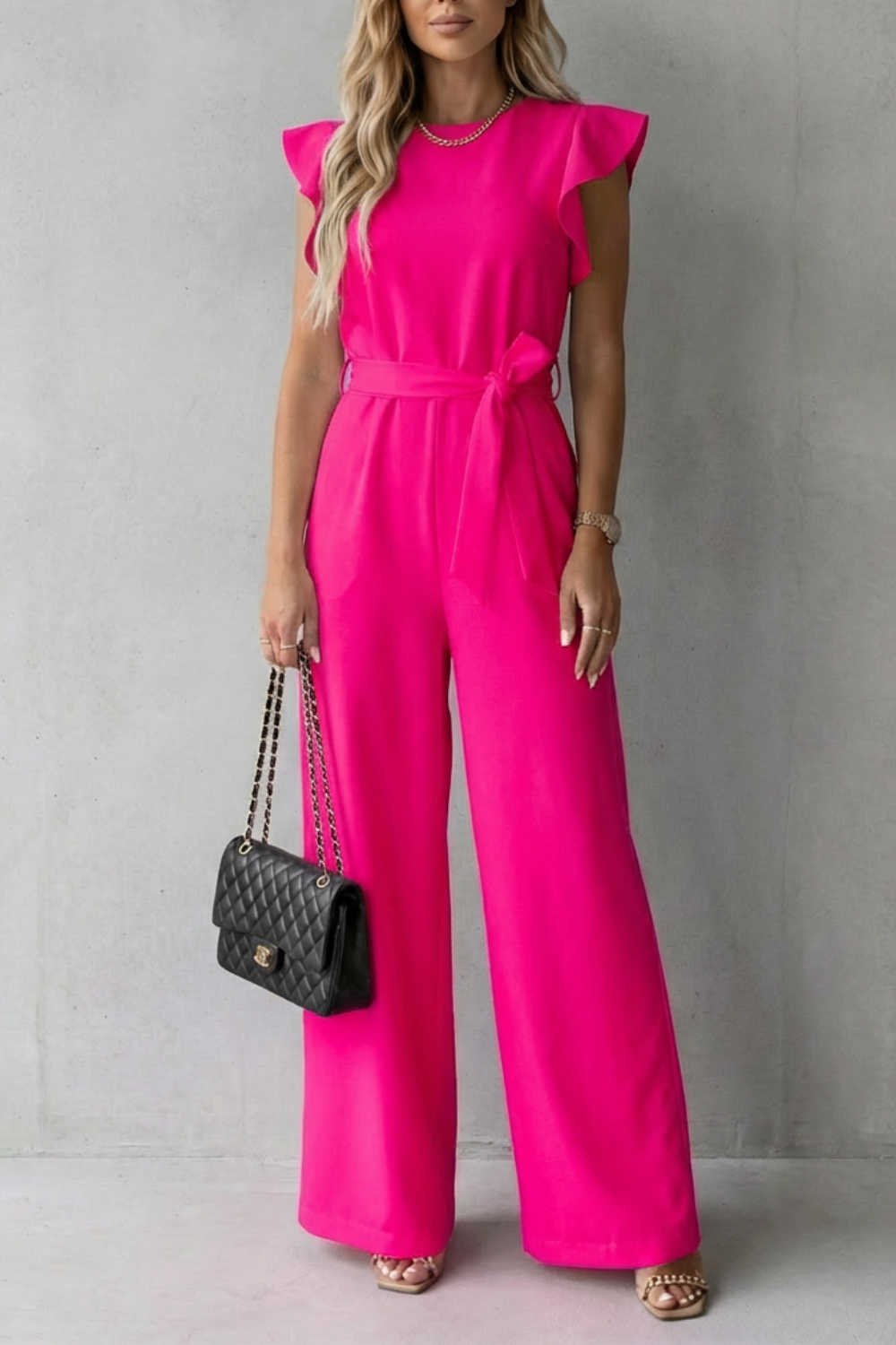 Women's Wide-Leg Jumpsuit Ruffle Sleeve Belted Round Neck Casual