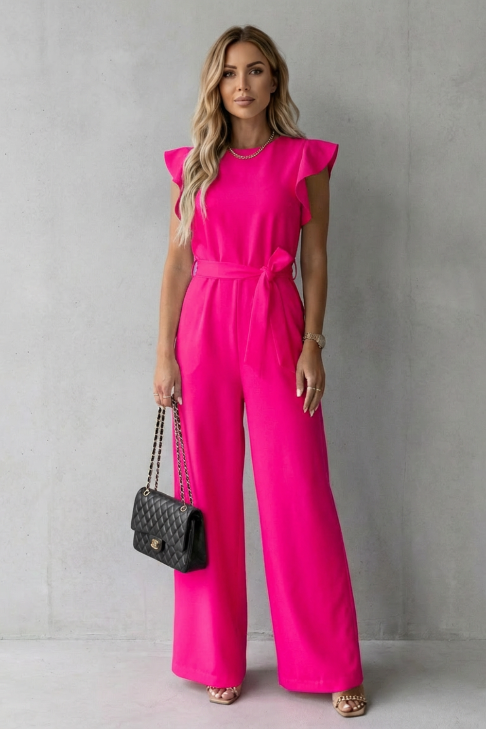 Women's Wide-Leg Jumpsuit Ruffle Sleeve Belted Round Neck Casual