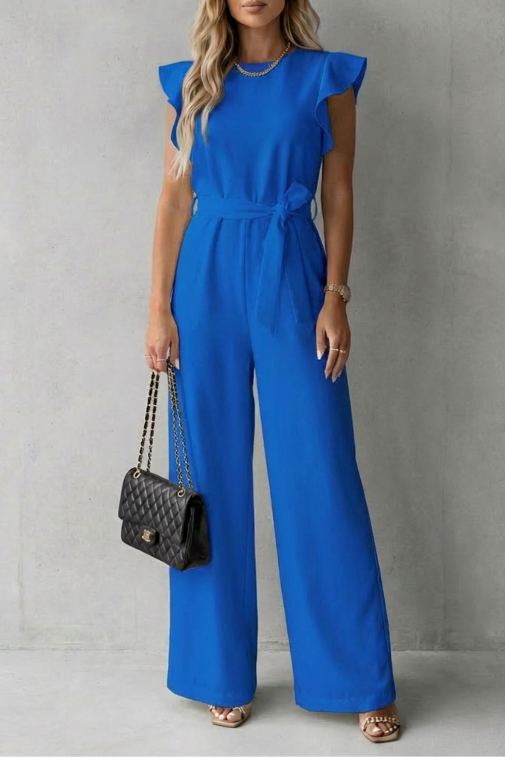 Women's Wide-Leg Jumpsuit Ruffle Sleeve Belted Round Neck Casual