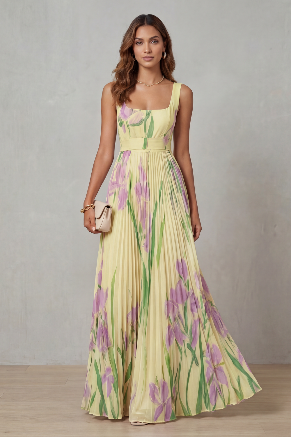 Women's Floral Pleated Maxi Dress Square Neck Belted Sleeveless