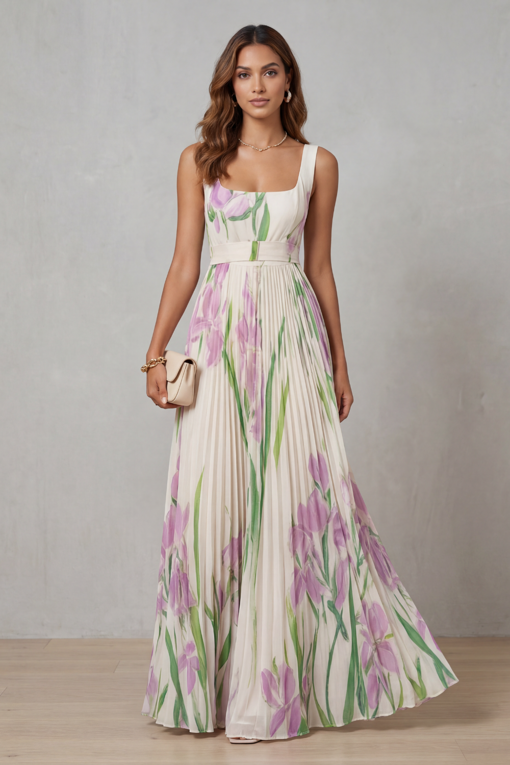 Women's Floral Pleated Maxi Dress Square Neck Belted Sleeveless