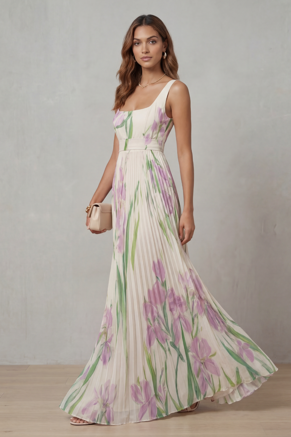 Women's Floral Pleated Maxi Dress Square Neck Belted Sleeveless