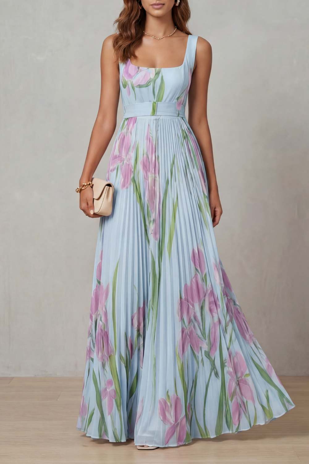 Women's Floral Pleated Maxi Dress Square Neck Belted Sleeveless