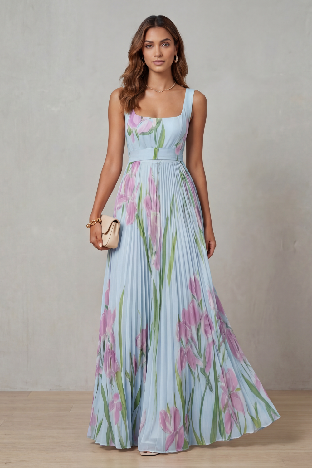 Women's Floral Pleated Maxi Dress Square Neck Belted Sleeveless