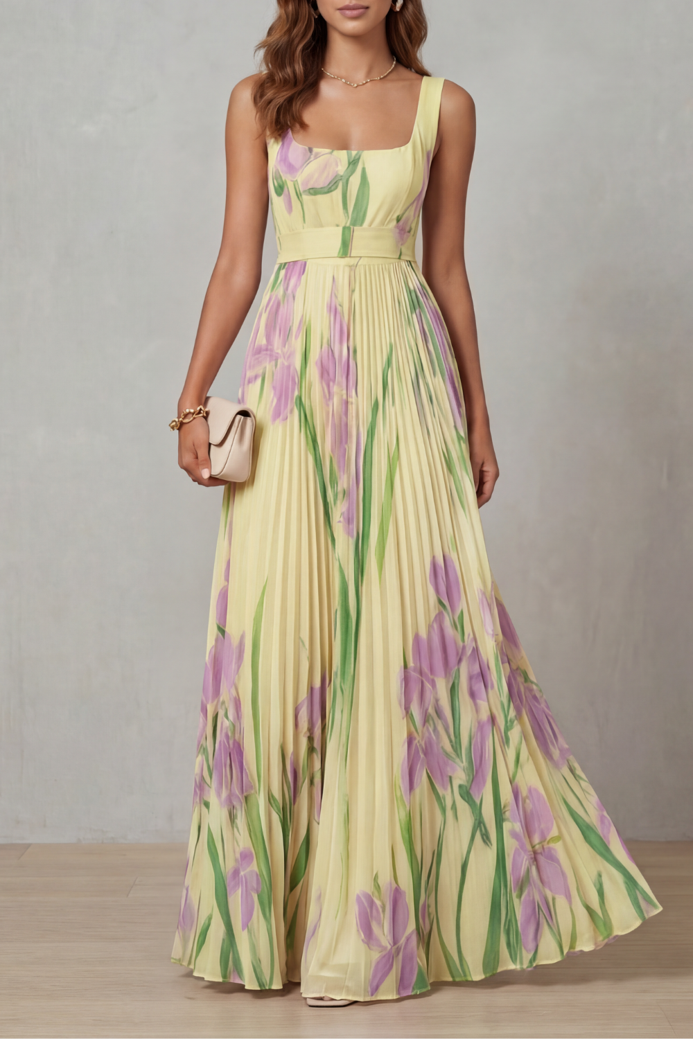 Women's Floral Pleated Maxi Dress Square Neck Belted Sleeveless