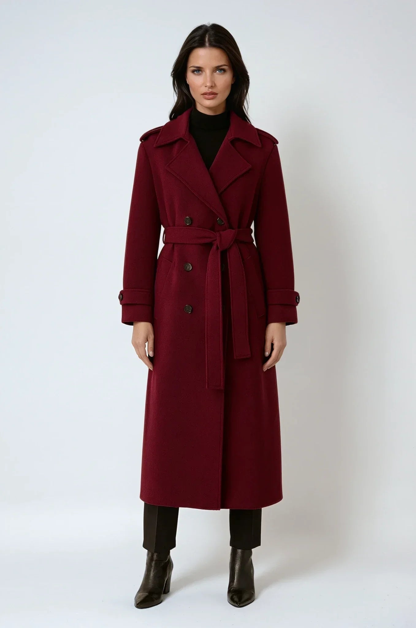 Women's Wool Trench Coat Long Double Breasted Belted Winter Outerwear