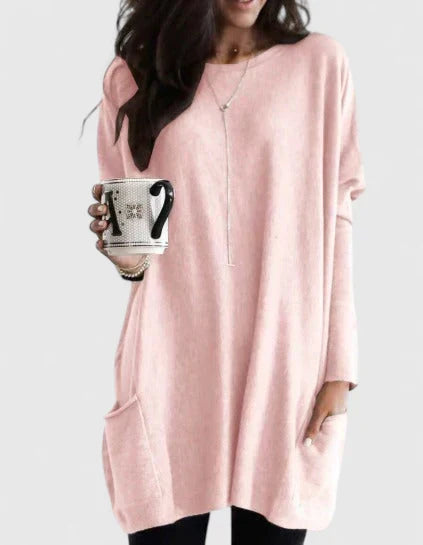 Women's Tunic Sweater Long Sleeve Round Neck Pockets Relaxed Fit Casual