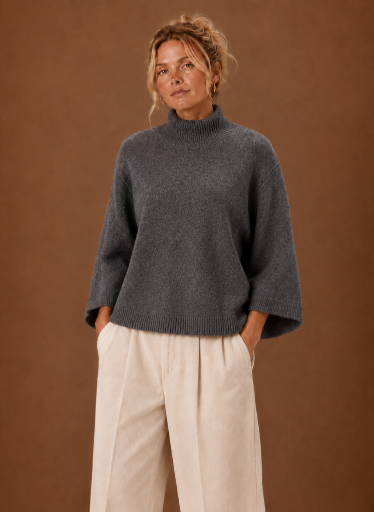 Women's Mock Neck Sweater Oversized 3/4 Sleeve Chunky Knit Winter Pullover