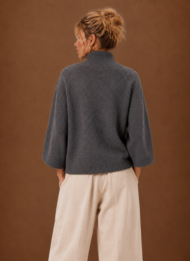 Women's Mock Neck Sweater Oversized 3/4 Sleeve Chunky Knit Winter Pullover