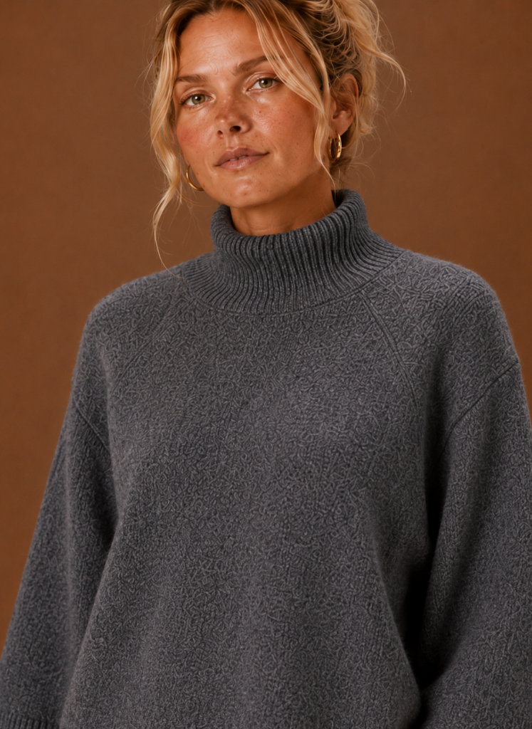 Women's Mock Neck Sweater Oversized 3/4 Sleeve Chunky Knit Winter Pullover