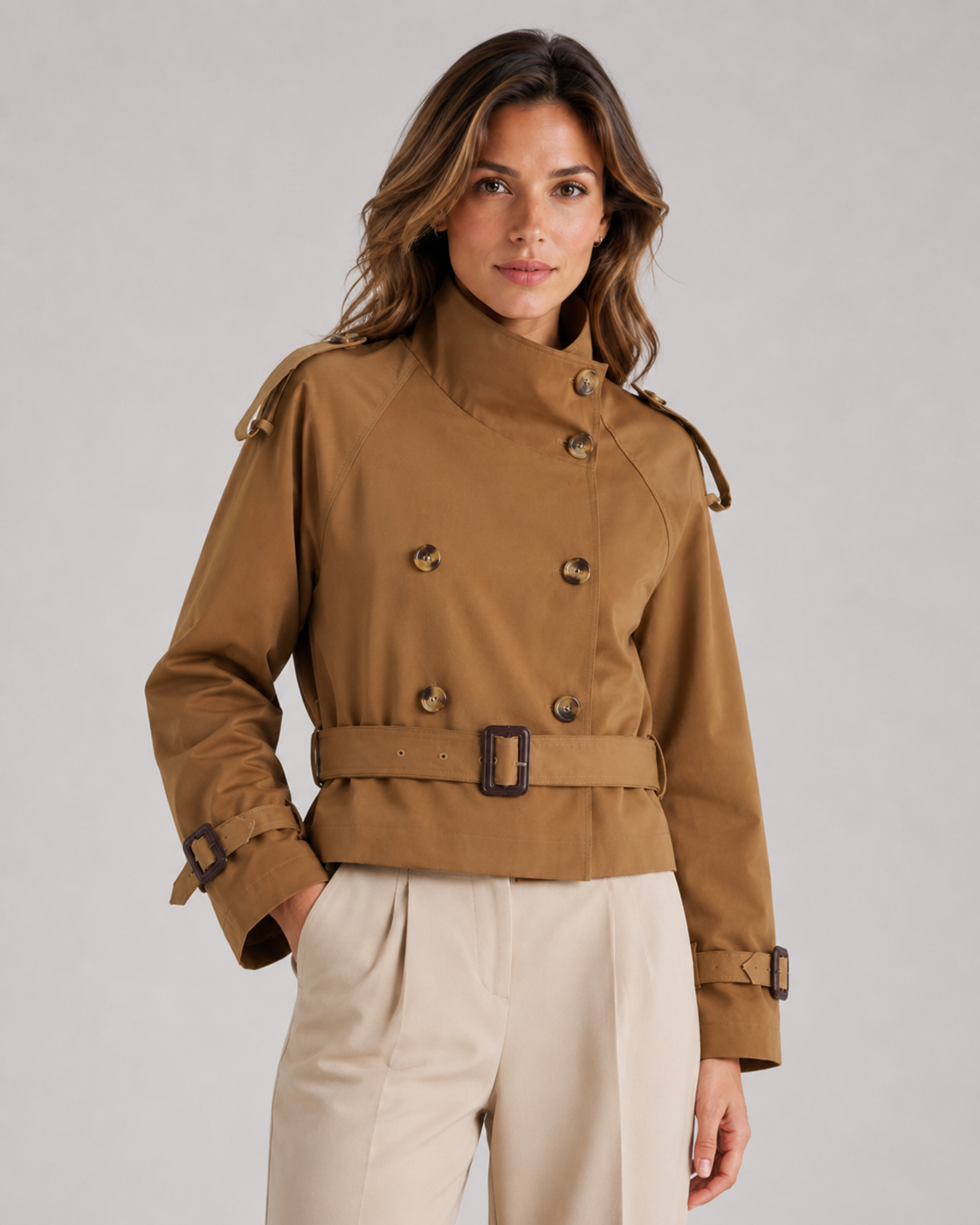 Women's Cropped Trench Jacket Funnel Neck Double Breasted Belted