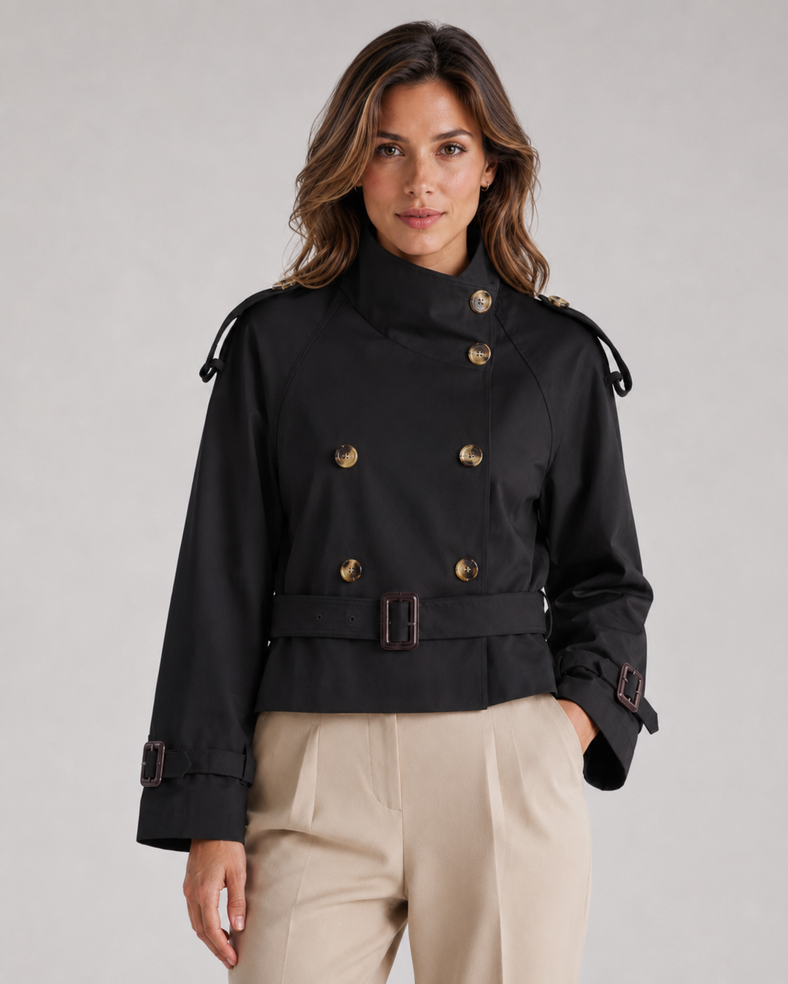 Women's Cropped Trench Jacket Funnel Neck Double Breasted Belted