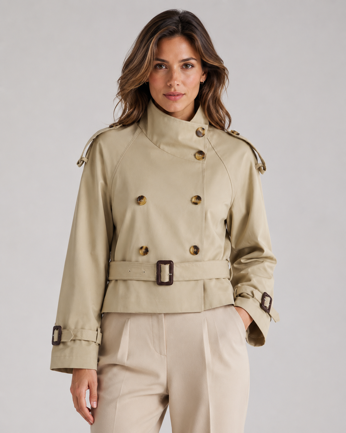 Women's Cropped Trench Jacket Funnel Neck Double Breasted Belted