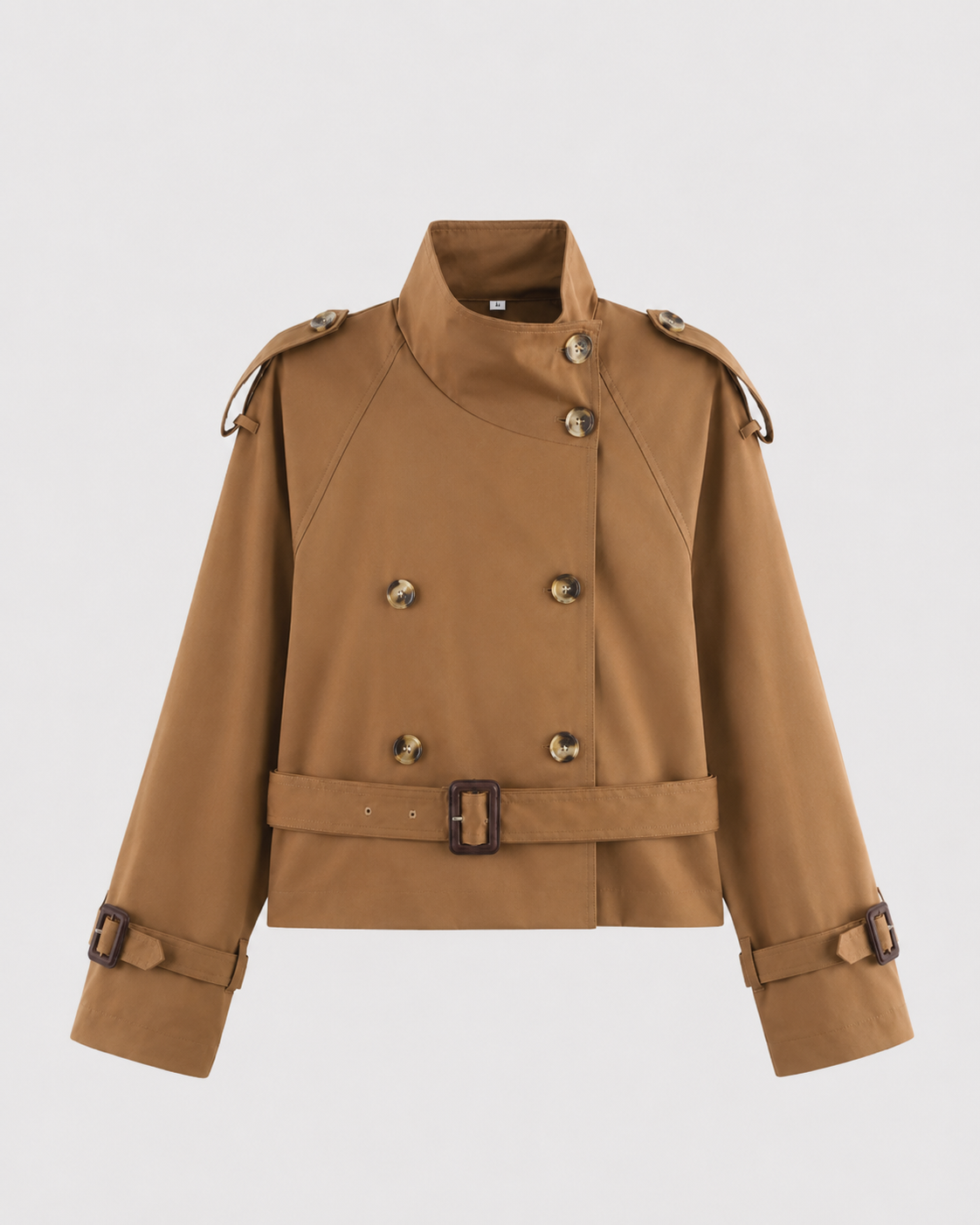 Women's Cropped Trench Jacket Funnel Neck Double Breasted Belted