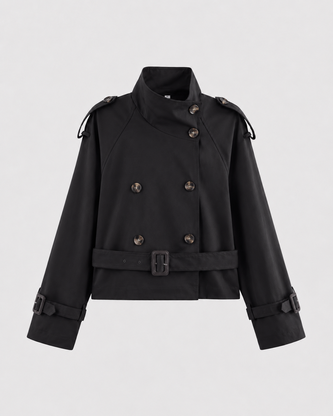Women's Cropped Trench Jacket Funnel Neck Double Breasted Belted